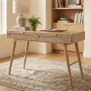 Madison Mid Century Modern Solid Wood-Linen 2 Drawer Desk in Wheatfield
