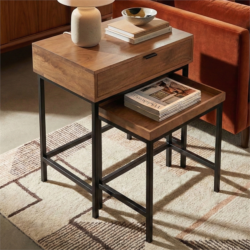 Casartis Living Atelier Solid Wood Iron Nesting Table Set of 2 in Honey Brown