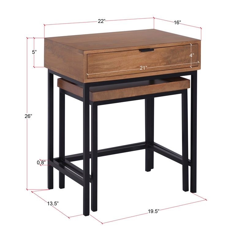 Casartis Living Atelier Solid Wood Iron Nesting Table Set of 2 in Honey Brown