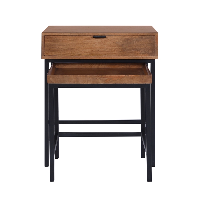 Casartis Living Atelier Solid Wood Iron Nesting Table Set of 2 in Honey Brown