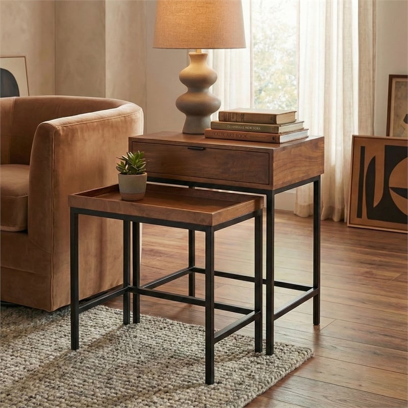 Casartis Living Atelier Solid Wood Iron Nesting Table Set of 2 in Honey Brown