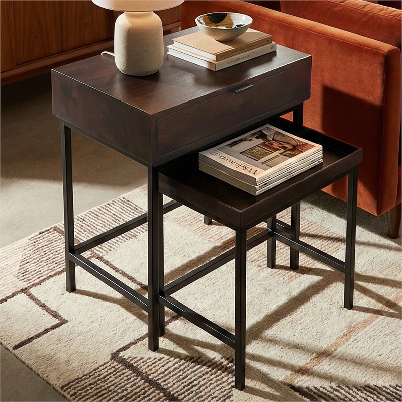 Casartis Living Atelier Solid Wood Iron Nesting Table Set of 2 in Choco Brown