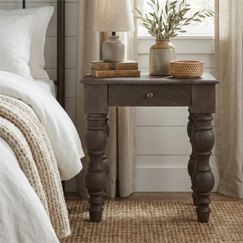 Casartis Living French Country Solid Wood Side Table with Drawer in Coffee Brown
