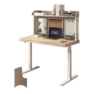 Kowo 48&quot K305 Wood Standing Desk with Back Board and Drawer in Natural/White