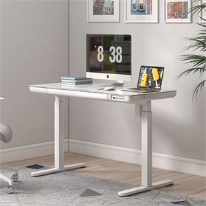 Kowo 48&quot K302 Tempered Glass Electric Wood Standing Desk with Drawer in White
