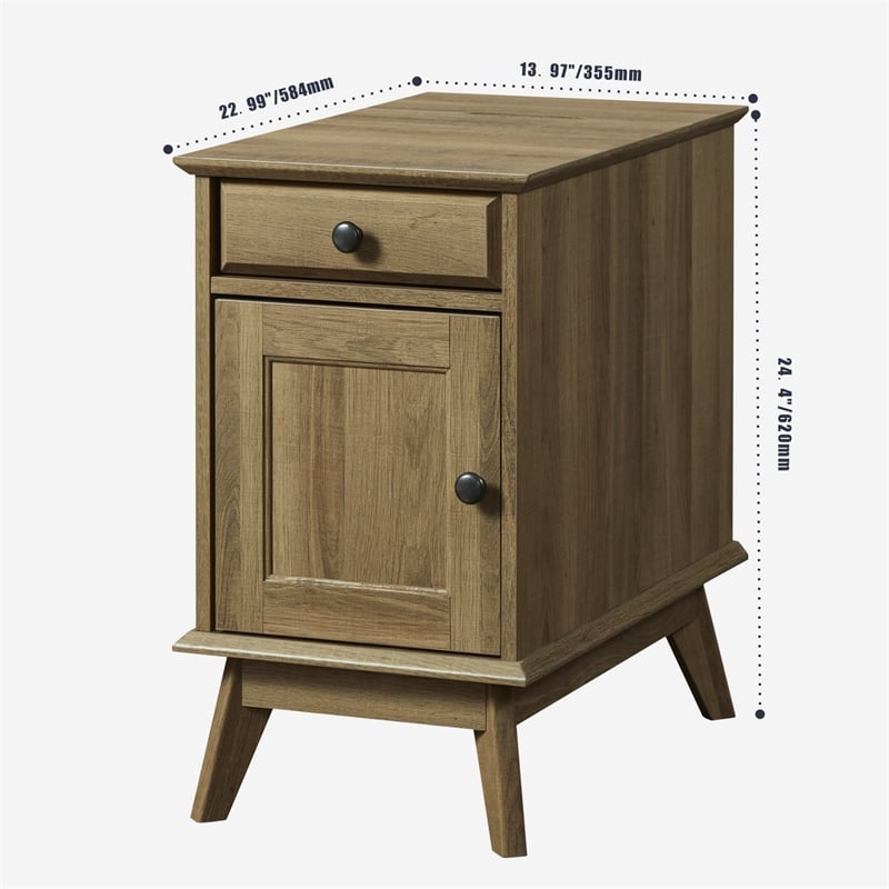 Kowo Wood Storage End Table with Drawer and Cabinet in Golden Oak