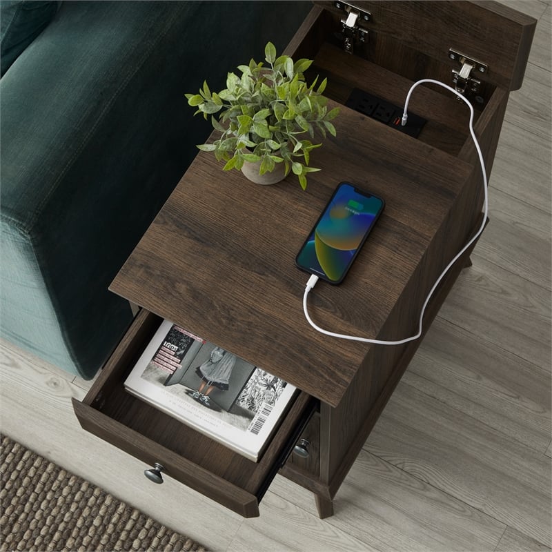 Kowo Wood Storage End Table with Drawer and Cabinet in Smoky Oak