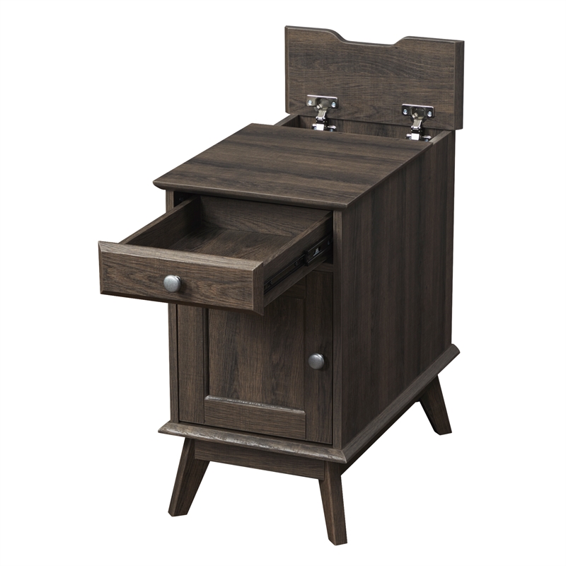 Kowo Wood Storage End Table with Drawer and Cabinet in Smoky Oak