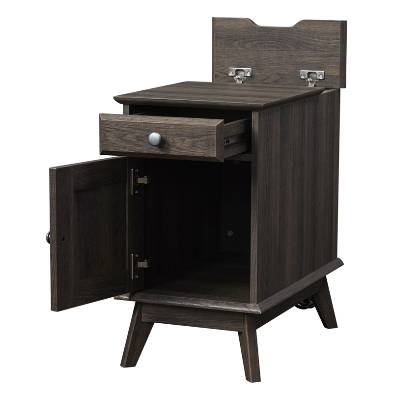 Kowo Wood Storage End Table with Drawer and Cabinet in Smoky Oak