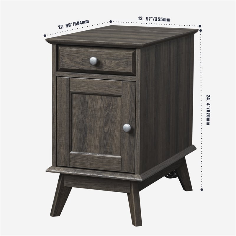 Kowo Wood Storage End Table with Drawer and Cabinet in Smoky Oak