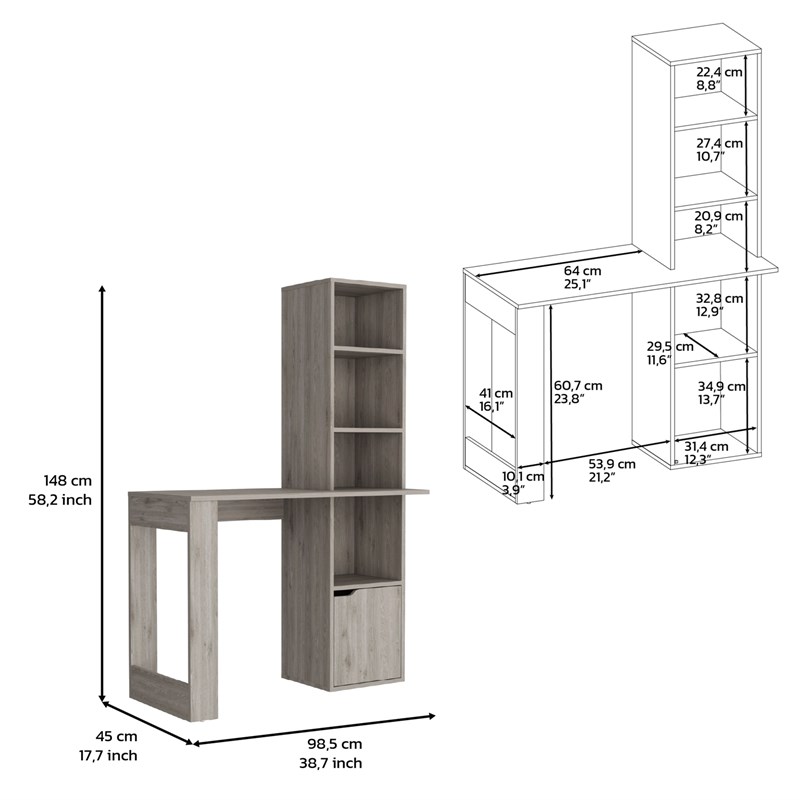 Ripley Writing Desk Bookcase and Cabinet in Gray Engineered Wood