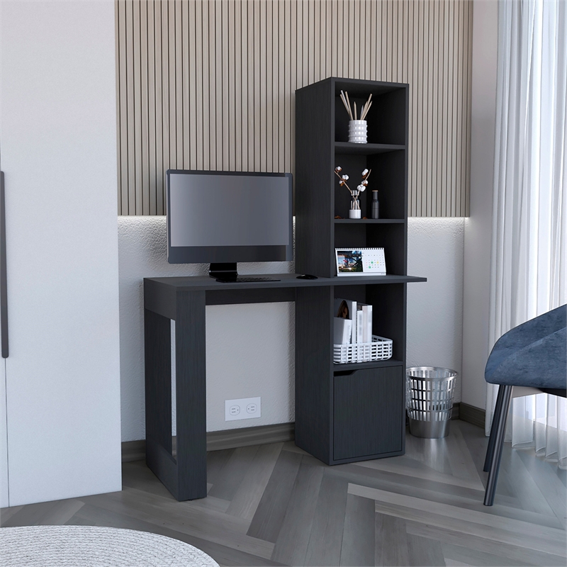 Ripley Writing Desk w/ Bookcase and Cabinet in Black Wengue Engineered Wood