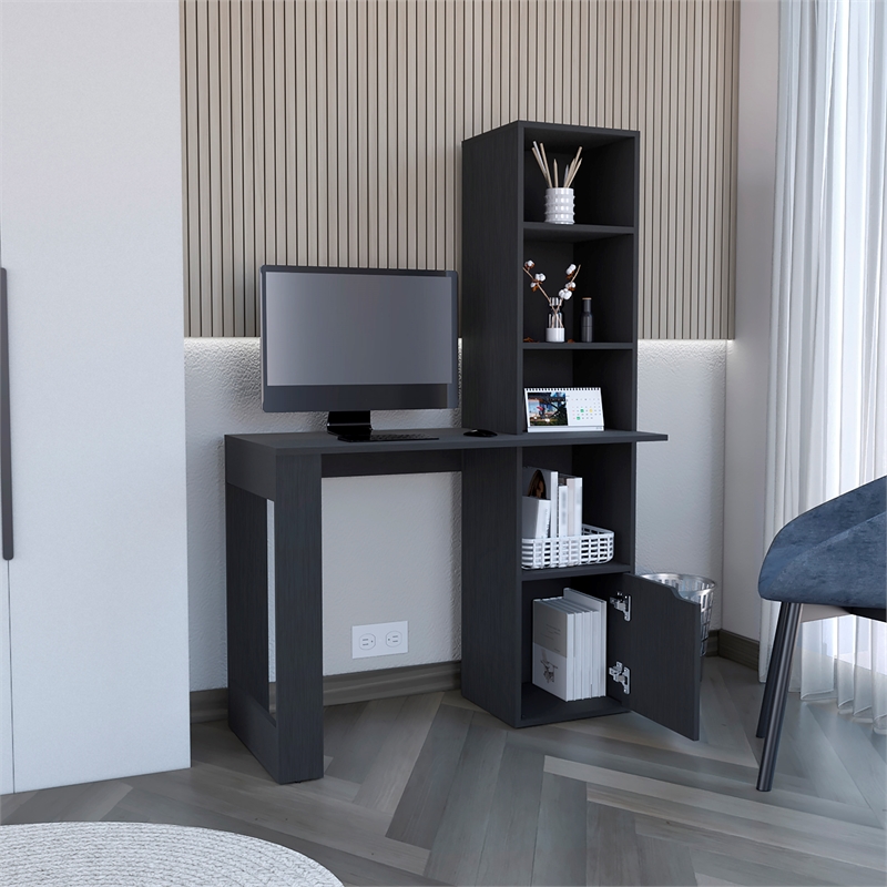 Ripley Writing Desk w/ Bookcase and Cabinet in Black Wengue Engineered Wood