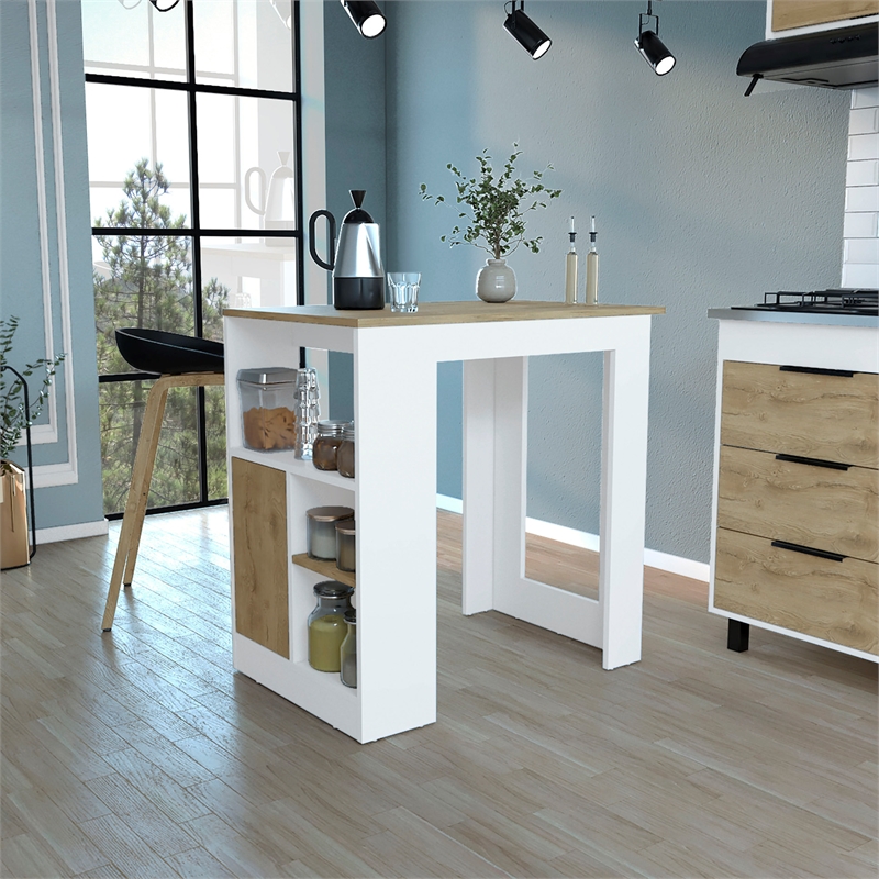 Masset Kitchen Island with Side Shelves in White Engineered Wood