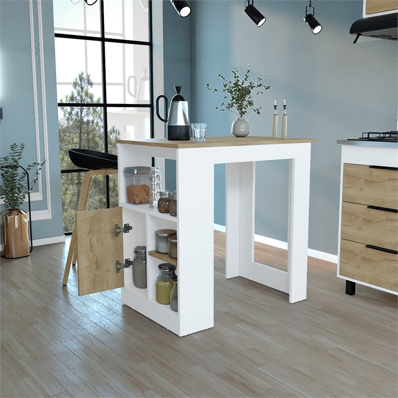 Masset Kitchen Island with Side Shelves in White Engineered Wood