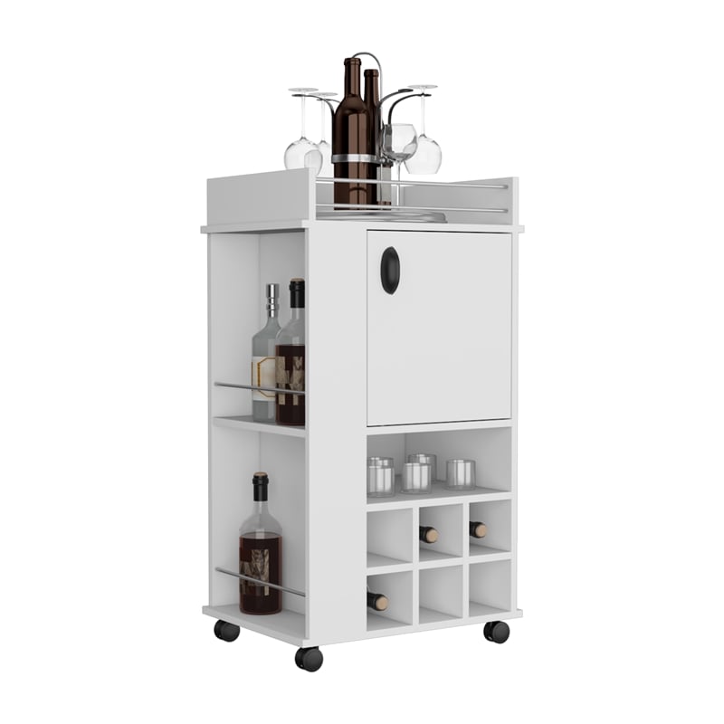 Fraser Bar Cart with 6 Built-in Wine Rack in White Engineered Wood