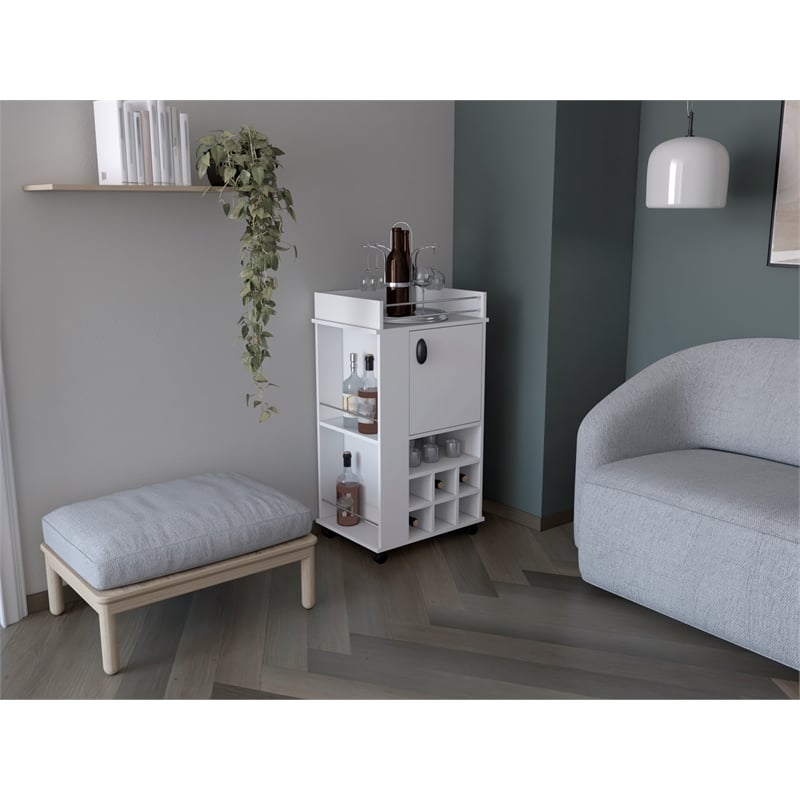 Fraser Bar Cart with 6 Built-in Wine Rack in White Engineered Wood