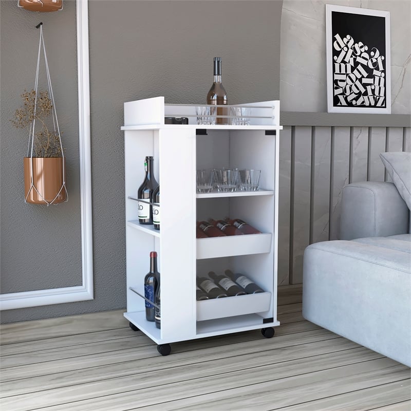 Depot EShop Lansing Engineered Wood Bar Cart with 2-Side Shelves in White