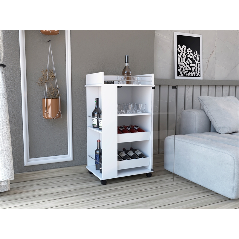 Depot EShop Lansing Engineered Wood Bar Cart with 2-Side Shelves in White