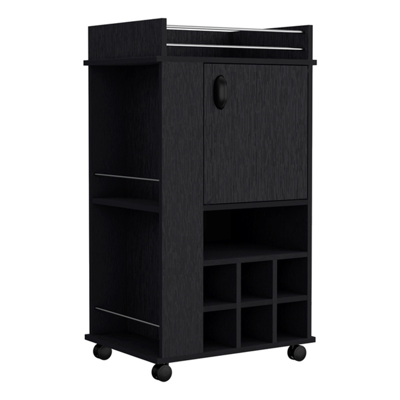 Fraser Bar Cart with 6 Built-in Wine Rack in Black Wengue Engineered Wood