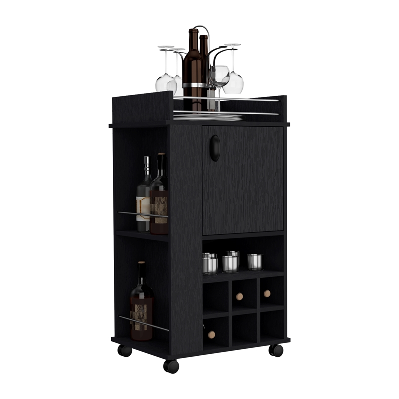 Fraser Bar Cart with 6 Built-in Wine Rack in Black Wengue Engineered Wood