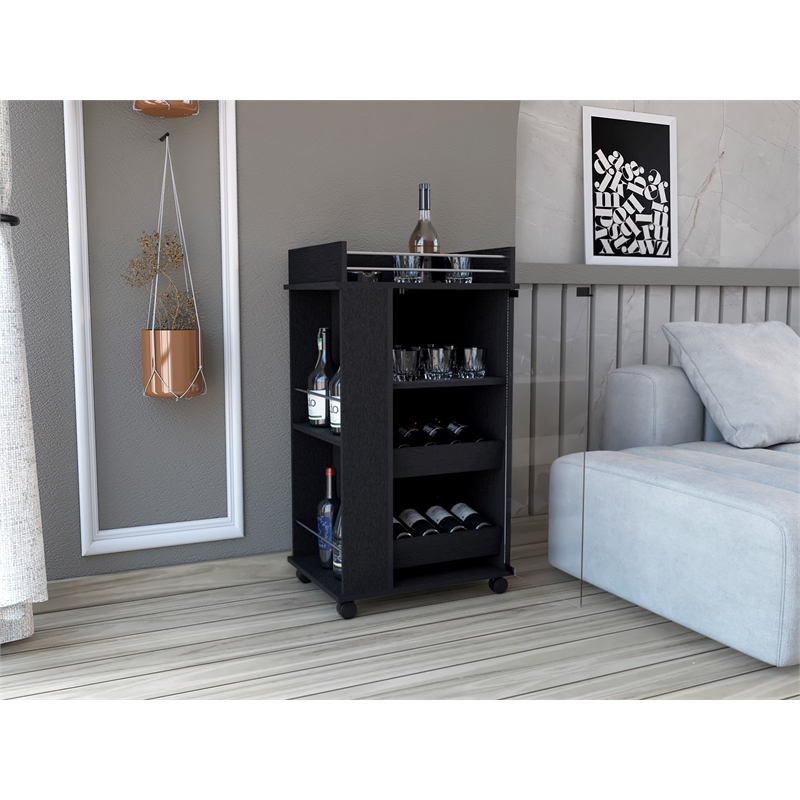 Lansing Bar Cart with 2-Side Shelves in Black Wengue Engineered Wood