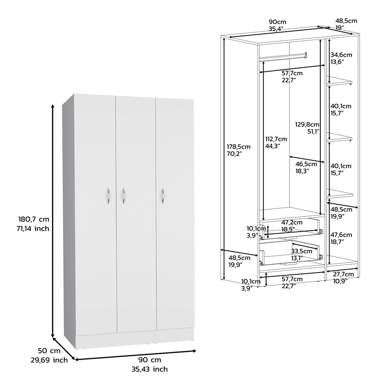 Westbury Wardrobe Armoire 3 Doors White Engineered Wood