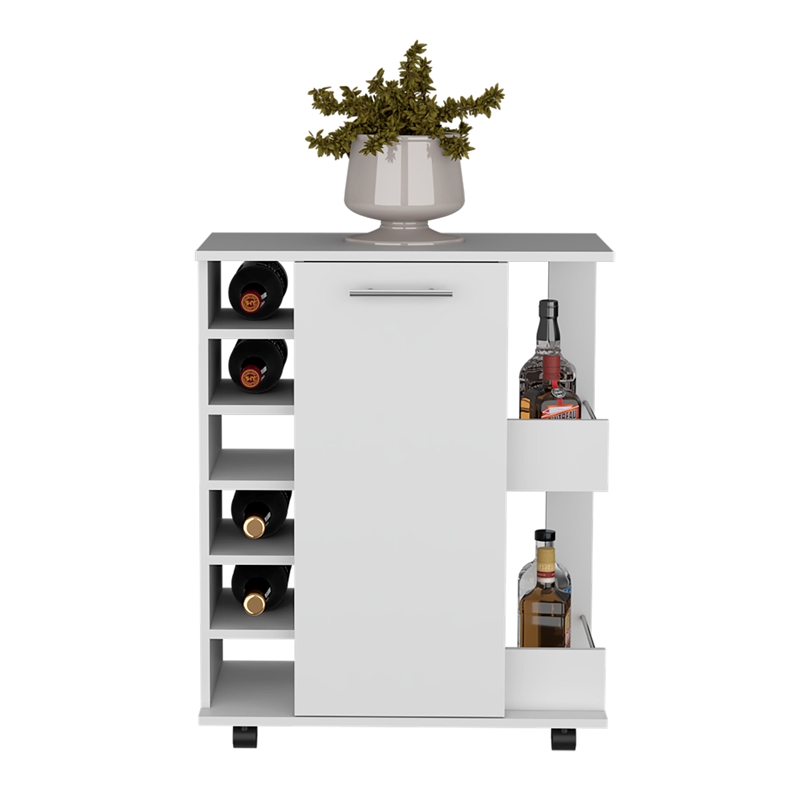 Selden Bar Cart with 2-Open Side Shelves in White Engineered Wood