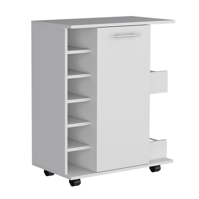 Selden Bar Cart with 2-Open Side Shelves in White Engineered Wood