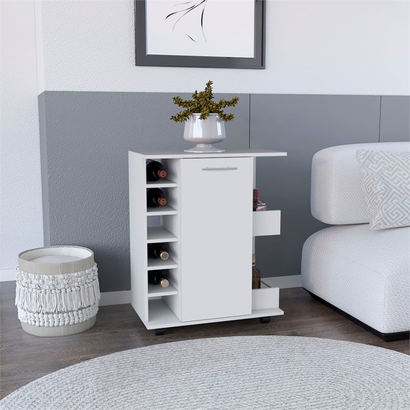 Selden Bar Cart with 2-Open Side Shelves in White Engineered Wood