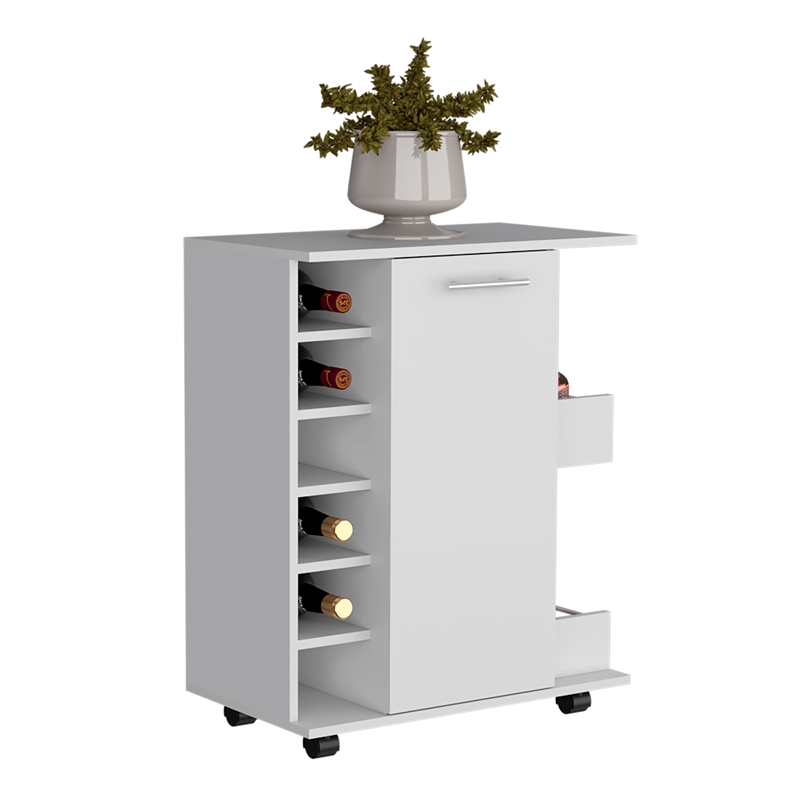 Selden Bar Cart with 2-Open Side Shelves in White Engineered Wood