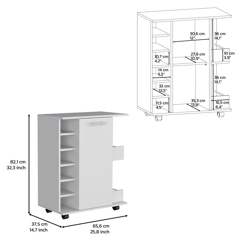 Selden Bar Cart with 2-Open Side Shelves in White Engineered Wood