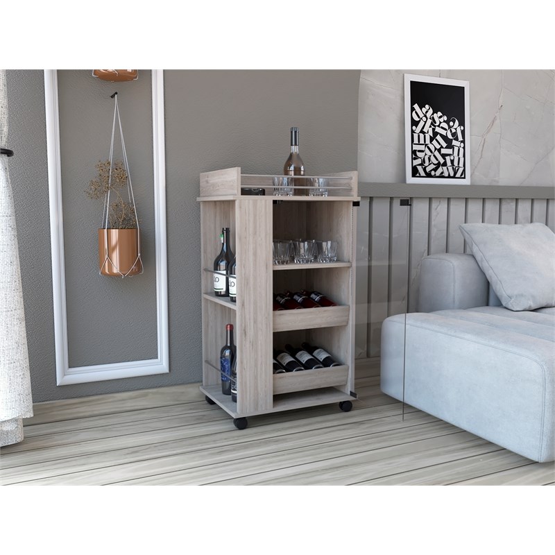 Lansing Bar Cart with 2-Side Shelves in Light Gray Engineered Wood