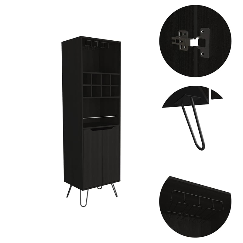 Bar Double Door Cabinet 8 Built in Wine Rack 4 Legs 4 Shelves Black Wengue