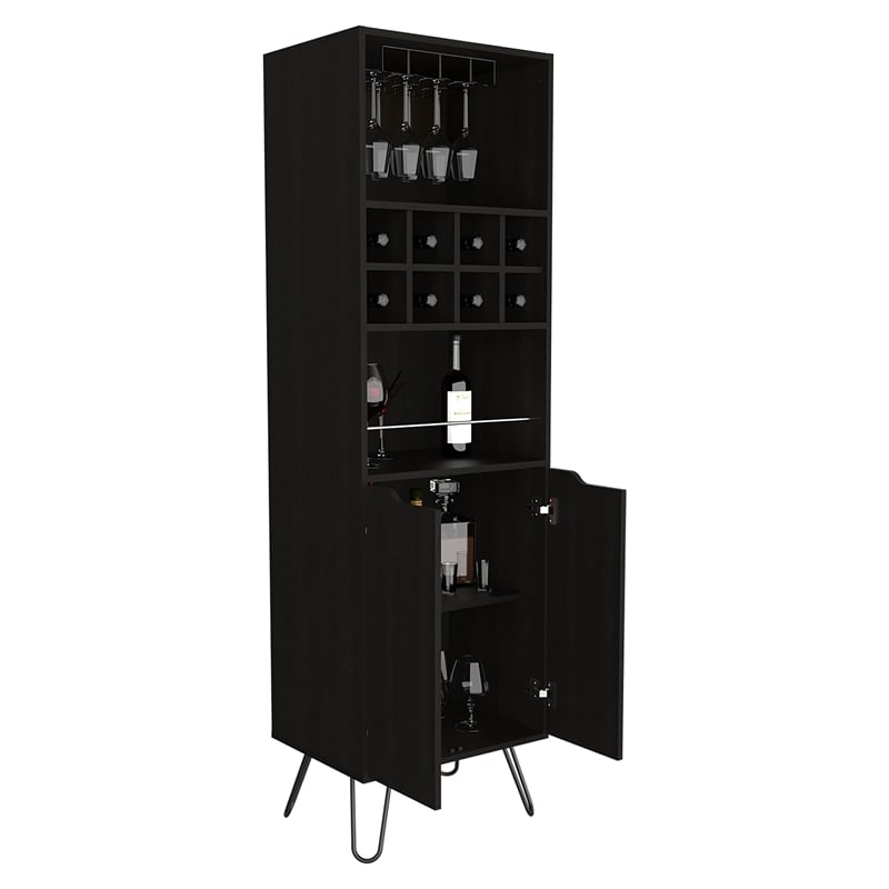Bar Double Door Cabinet 8 Built in Wine Rack 4 Legs 4 Shelves Black Wengue