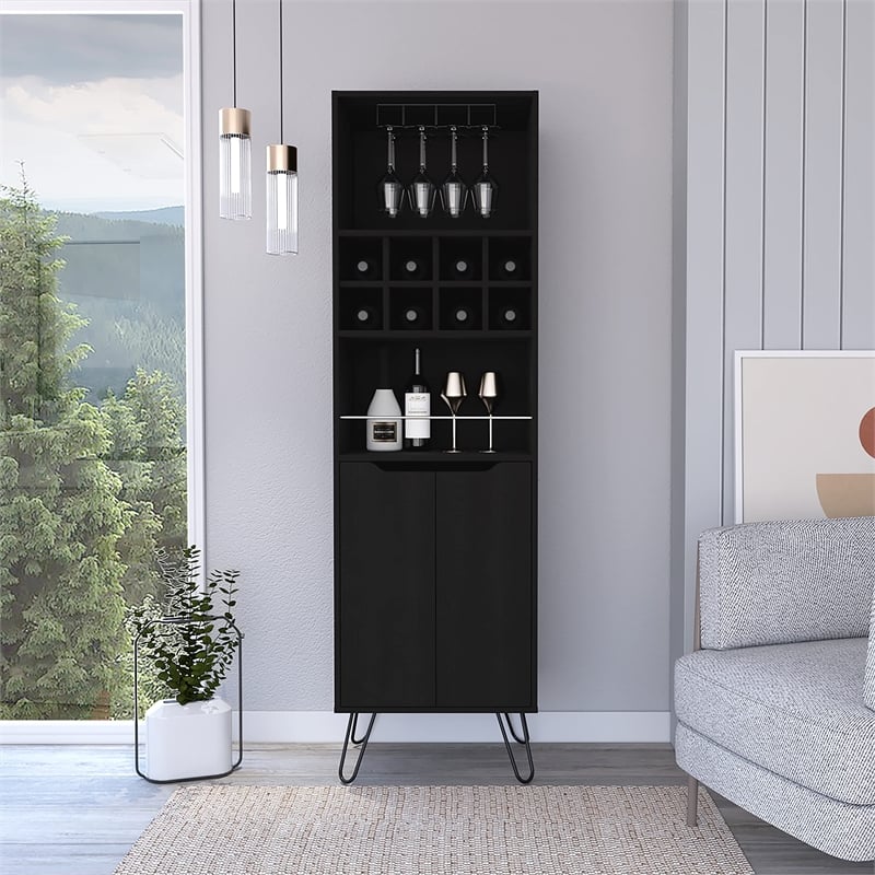Bar Double Door Cabinet 8 Built in Wine Rack 4 Legs 4 Shelves Black Wengue