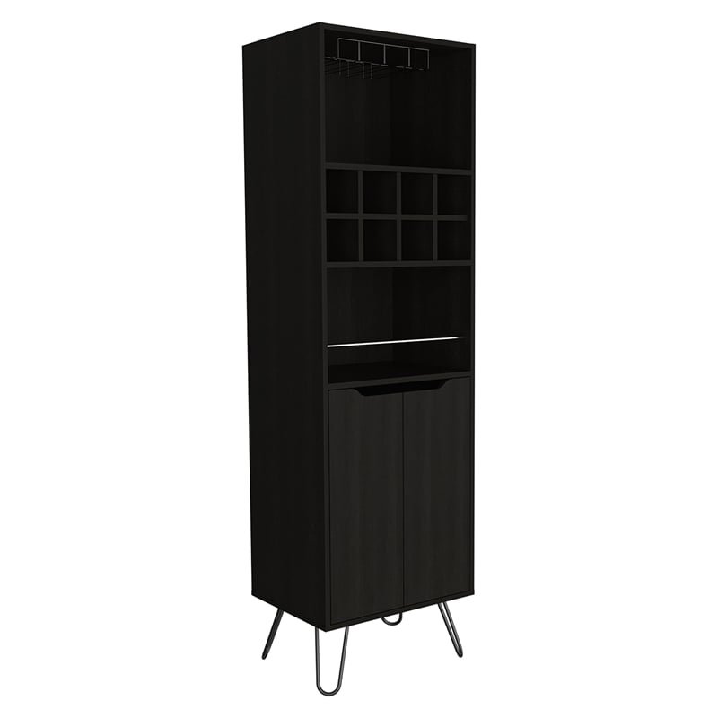 Bar Double Door Cabinet 8 Built in Wine Rack 4 Legs 4 Shelves Black Wengue
