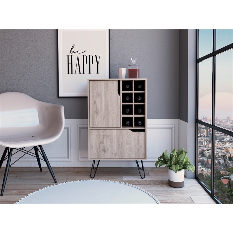 Bar Single Door Cabinet 8 Built in Wine Rack 4 Legs Light Gray Engineered Wood