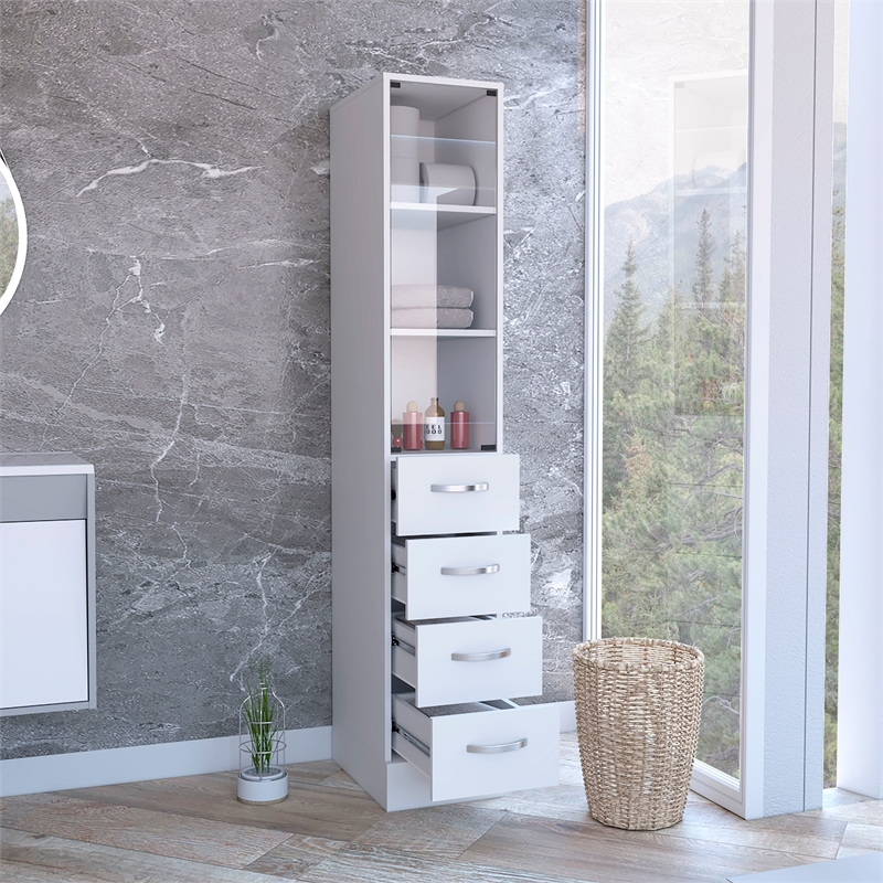 Linen Cabinet 3 Shelves 4 Drawers and Metal handles White Engineered Wood