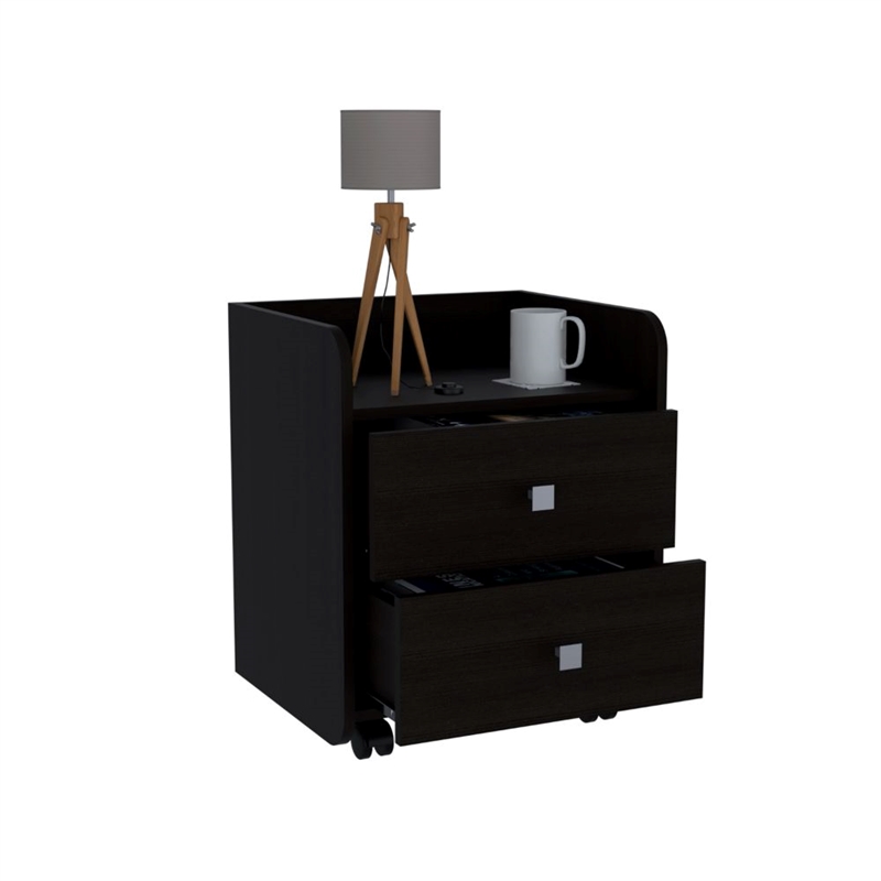 Nightstand 2 Drawers Superior Top Metal Handle Black Engineered Wood
