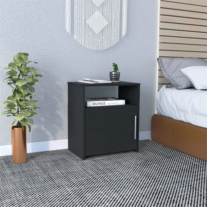 Nightstand 1 Door Cabinet Metal Handle 1 Shelf Black Engineered wood