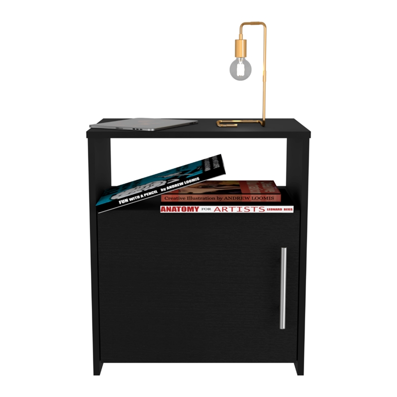 Nightstand 1 Door Cabinet Metal Handle 1 Shelf Black Engineered wood