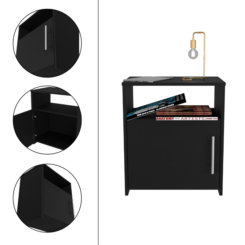 Nightstand 1 Door Cabinet Metal Handle 1 Shelf Black Engineered wood