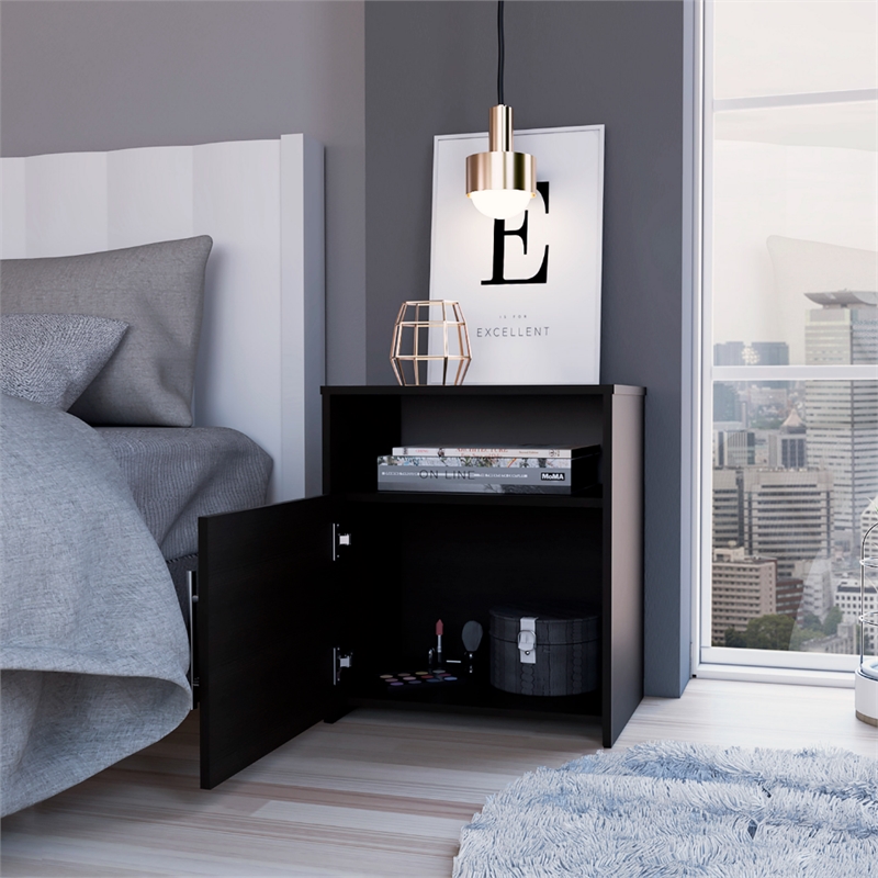 Nightstand 1 Door Cabinet Metal Handle 1 Shelf Black Engineered wood