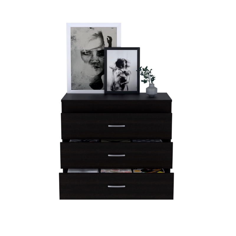 Dresser 3 Drawers  Metal Hardware Superior Top Black Wengue Engineered Wood