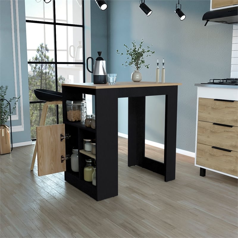 Kitchen Island Side Shelves and Push to Open Cabinet Black Wengue Natural Oak
