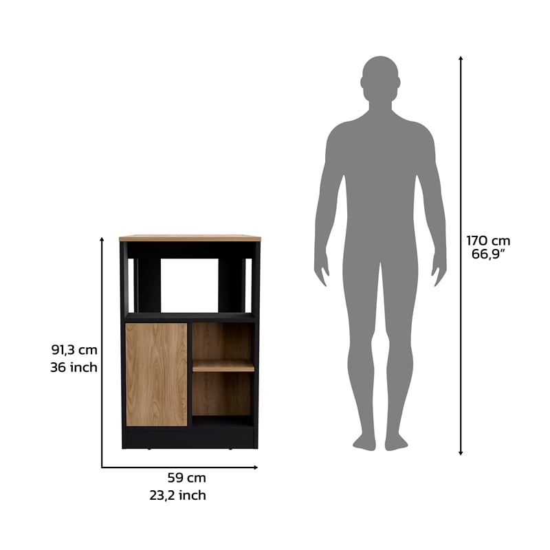 Kitchen Island Side Shelves and Push to Open Cabinet Black Wengue Natural Oak