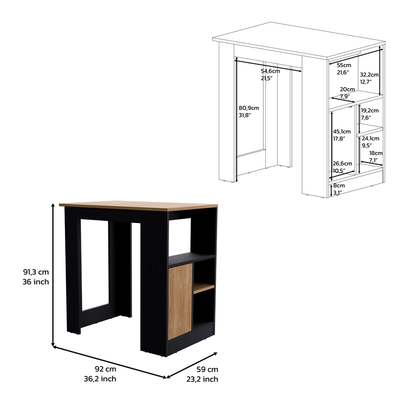 Kitchen Island Side Shelves and Push to Open Cabinet Black Wengue Natural Oak