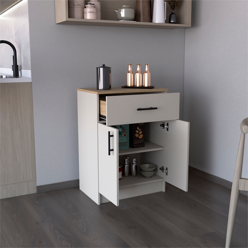 Pantry Cabinet  1 Drawer 2 Interior Shelves 2 Doors Ivory Engineered Wood