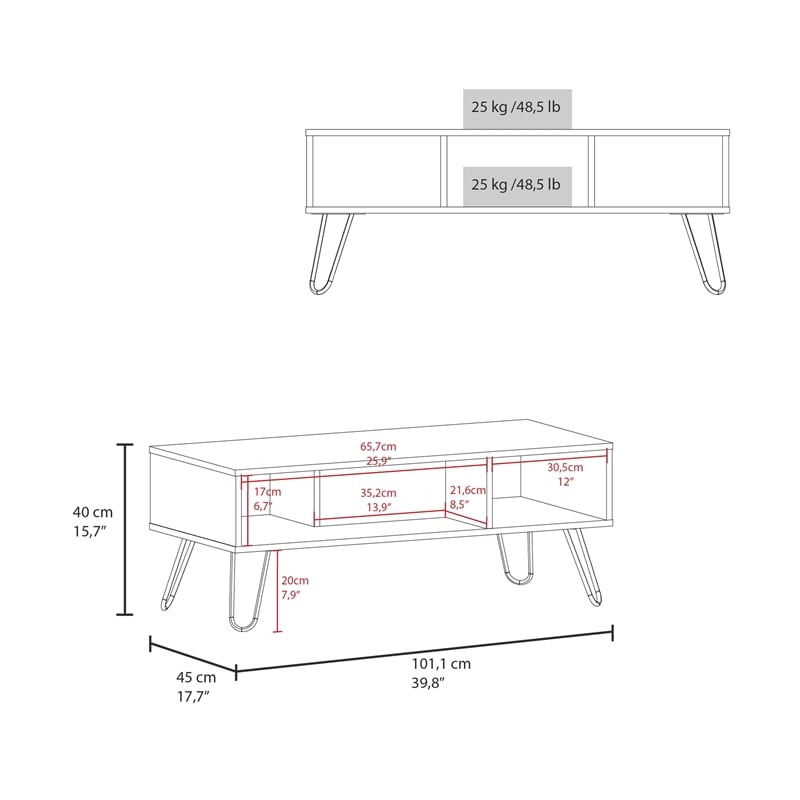 Selma Coffee Table with 4 Legs and 2 Shelves White Engineered Wood